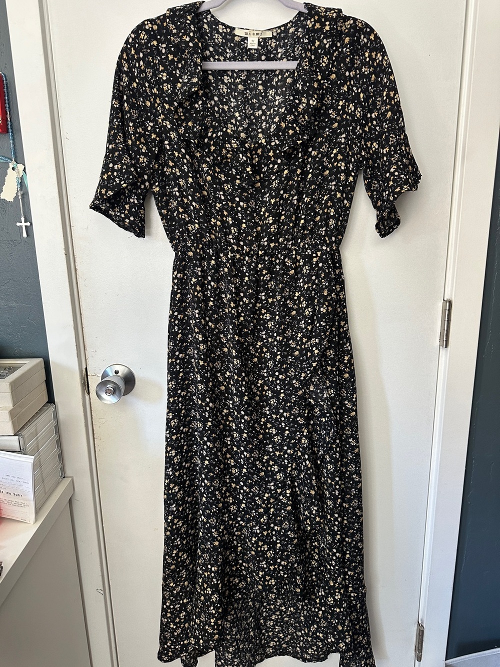 miami Black Floral Midi Dress with Cream & Yellow Ditsy Print